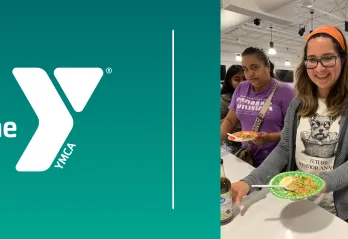 Two ladies at cooking demo on a Y branded background