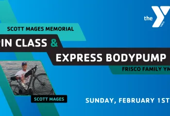 Blue gradient graphic with teal stripes and Scott's photo. There is text under his photo say "Scott Mages," and there is text on the graphic saying "Spin Class & Express Bodypump Frisco Family YMCA Sunday, February 1st"