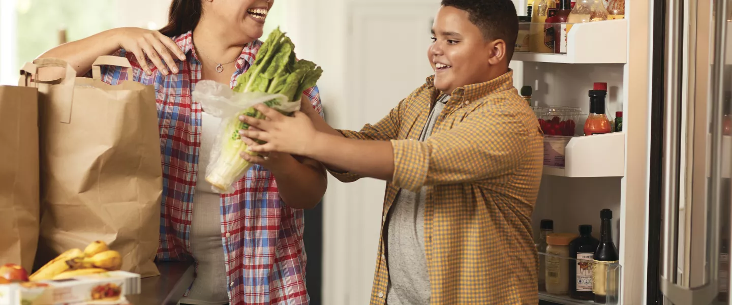 Mom and Kid with healthy food