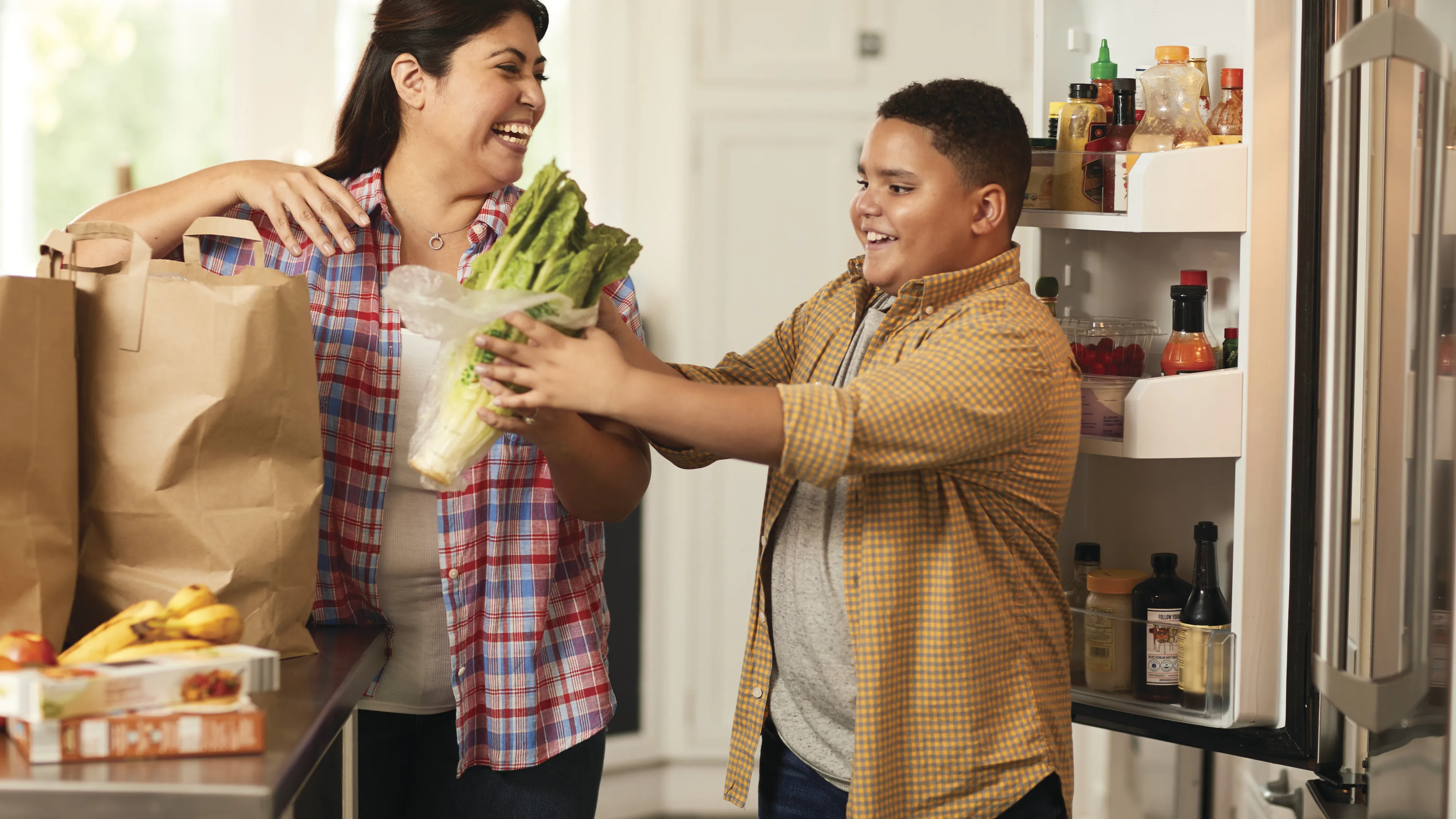 Mom and Kid with healthy food