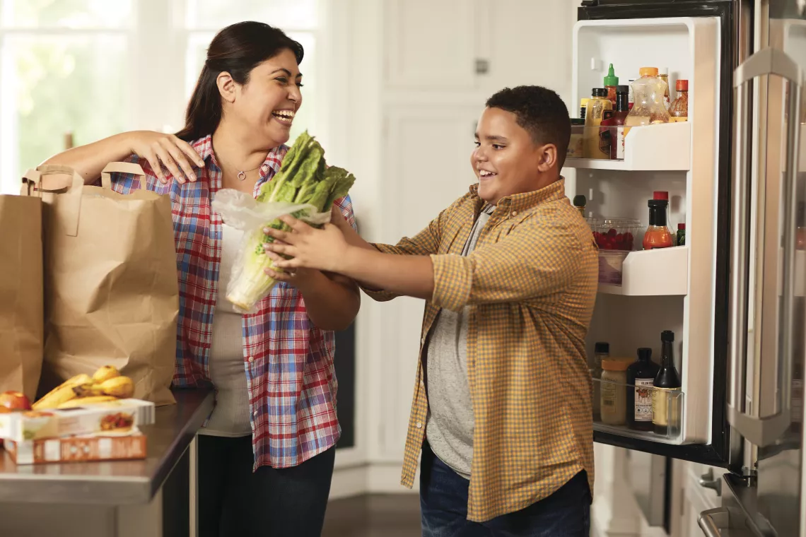 Mom and Kid with healthy food