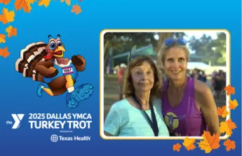 Templated photo with the Tommy the Turkey and the Turkey Trot Logo. The template has a photo of Christy with her mother.