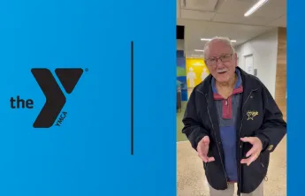 Obie subject in the middle with a blue gradient background. Black YMCA logo located in the top left corner