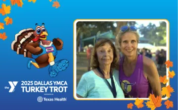 Templated photo with the Tommy the Turkey and the Turkey Trot Logo. The template has a photo of Christy with her mother.