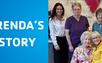 A photo of Brenda Heckmann posing with Brenda Rabe and other guests at her 50th work anniversary on a blue background with the Y logo and text saying "Brenda's Y Story"