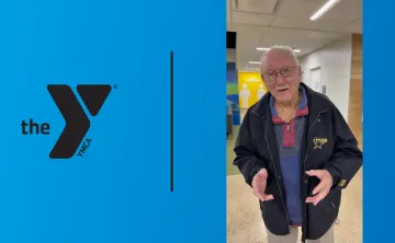 Obie subject in the middle with a blue gradient background. Black YMCA logo located in the top left corner