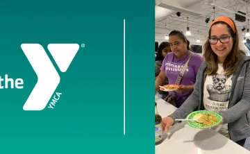 Two ladies at cooking demo on a Y branded background